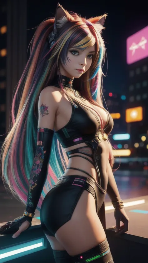 beautiful photorealistic photograph of a cyberpunk catgirl with long multicolor hair and swishing tail, ((best quality)), ((mast...