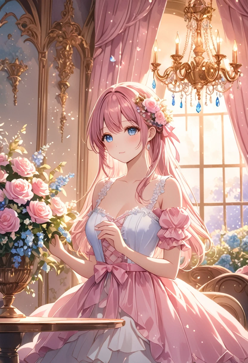 (high quality, 8K), (Soft Light), One Girl, Detailed face, Fine grain, blue eyes, Watercolor, Riria、Pink Dress, There is a room with a chandelier and a flower table, So magical and dreamy, Dreamy details, Dreamy atmosphereとドラマ, Gorgeous atmosphere, Beautiful and dreamy lighting, Dreamy atmosphere, Beautiful atmosphere, Dreamy Romantic, Fantastic and dreamy theme, Magical atmosphere, Beautiful atmosphere, Anime Background Art, Magical atmosphere + Tabletop, Dreamy aesthetics, Beautiful details with atmosphere, Detailed beautiful five-fingered hands