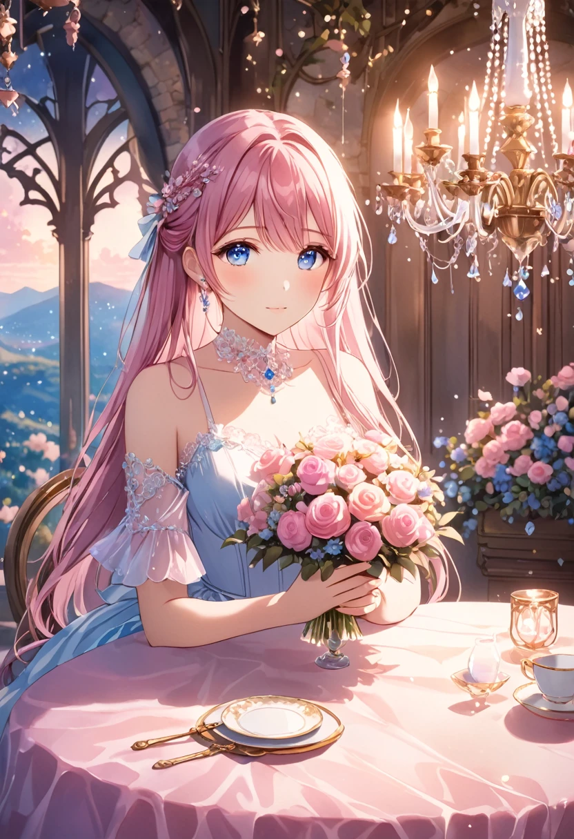 (high quality, 8K), (Soft Light), One Girl, Detailed face, Fine grain, blue eyes, Watercolor, Riria、Pink Dress, There is a room with a chandelier and a flower table, So magical and dreamy, Dreamy details, Dreamy atmosphereとドラマ, Gorgeous atmosphere, Beautiful and dreamy lighting, Dreamy atmosphere, Beautiful atmosphere, Dreamy Romantic, Fantastic and dreamy theme, Magical atmosphere, Beautiful atmosphere, Anime Background Art, Magical atmosphere + Tabletop, Dreamy aesthetics, Beautiful details with atmosphere, Detailed beautiful five-fingered hands