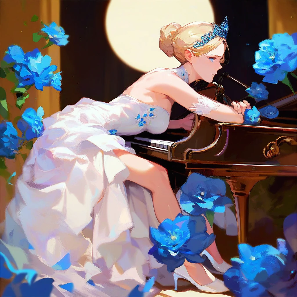 (score_9,score_8_up,score_7_up,) woman in fancy dress leaning over an upright grand piano at dusk with flowers around, 1girl, dress, solo, instrument, flower, high heels, sitting, tiara, white dress, blue eyes, blue flower, blonde hair, hair bun, Expressiveh, negative_hand, [[gwentstyle]], moon
