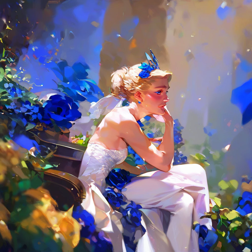 (score_9,score_8_up,score_7_up,) woman in fancy dress leaning over an upright grand piano at dusk with flowers around, 1girl, dress, solo, instrument, flower, high heels, sitting, tiara, white dress, blue eyes, blue flower, blonde hair, hair bun, Expressiveh, negative_hand, [[gwentstyle]], moon
