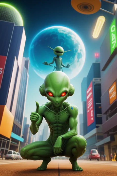 an alien man pointing at the camera with an alien craft behind him, it&#39;s night, there is little light, just that of some str...