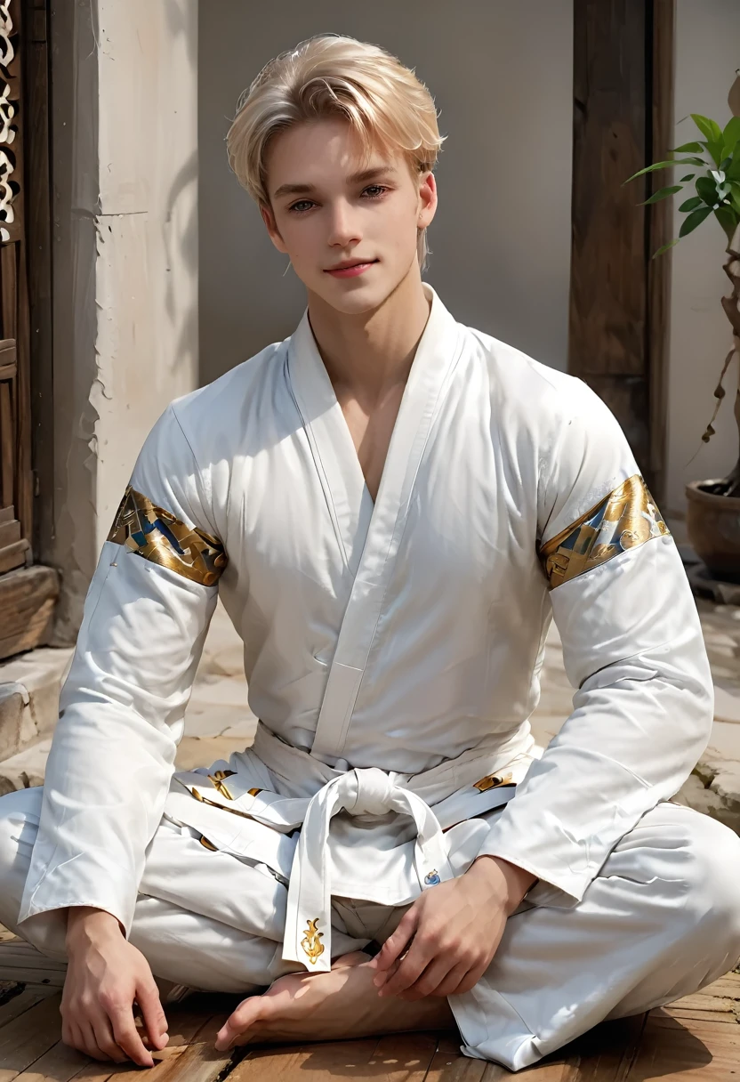 smiling blond prince sitting in a meditative pose, wearing silky white martial arts clothes with blue and gold borders