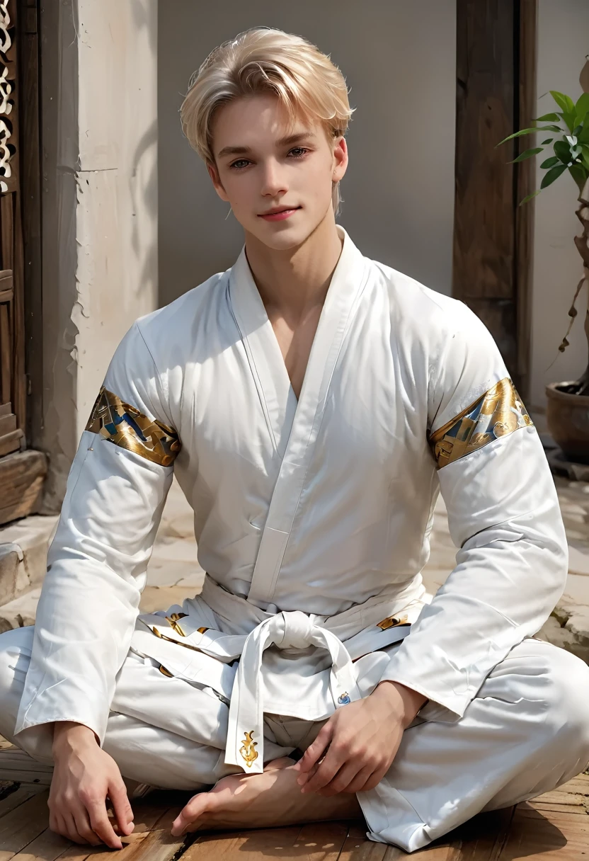 un príncipe rubio sonriente sentado en una postura meditativa, vestido con ropa de artes marciales blanca sedosa con bordes azules y dorados