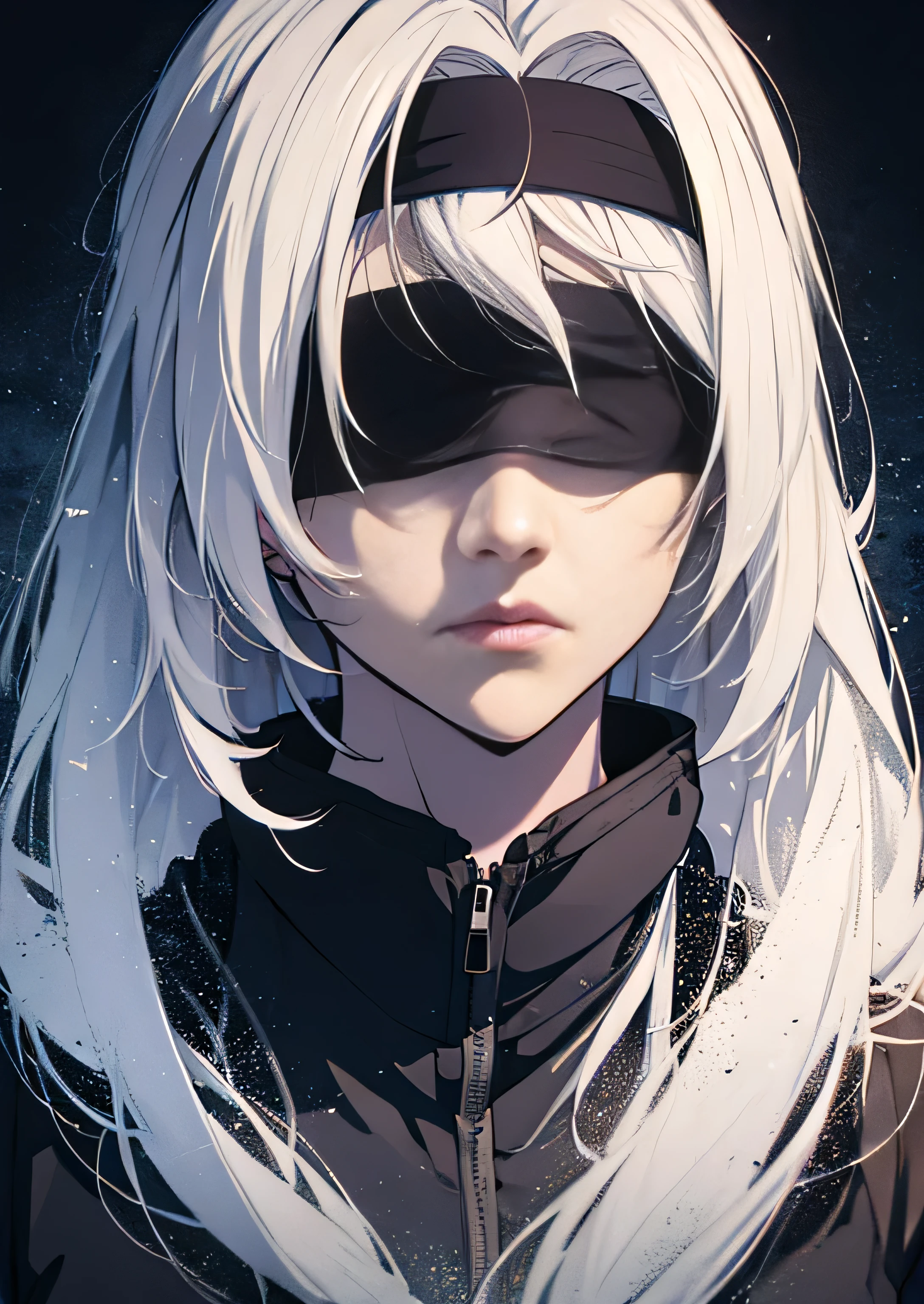  white hair male adult character, anime style, with a headband on the eyes, blind, blind, wearing a headband over her eyes, anime style, detailed face, detailed eyes, detailed anatomy, detailed clothing, masterpiece, ultra-detailed, 4k, cinematic lighting, vibrant colors, dramatic lighting, highly detailled, 4k, perfect, beautiful, sci-fi background