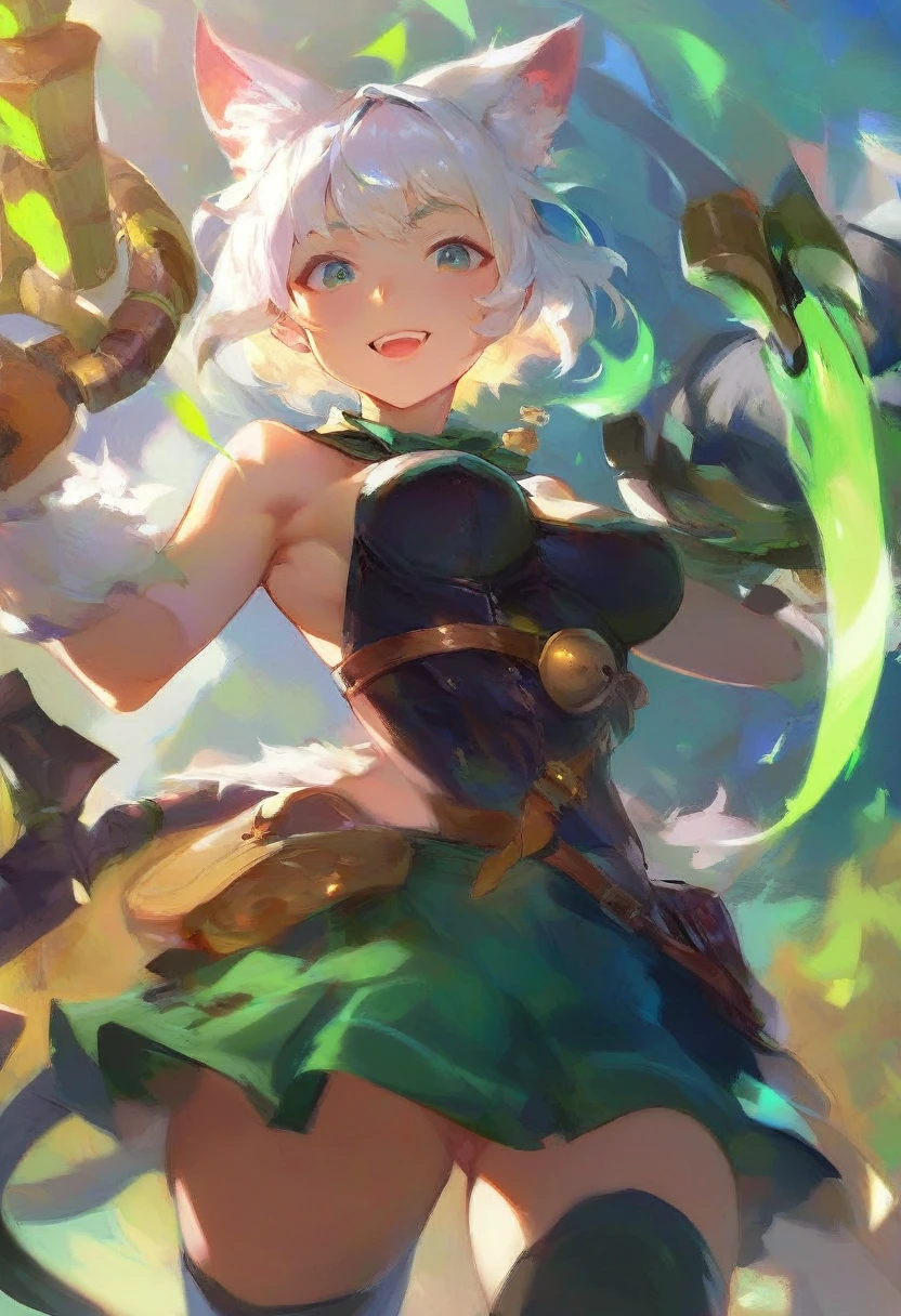 (score_9,score_8_up,score_7_up,) 1girl, solo, breasts, looking at viewer, smile, short white hair, open mouth, skirt, thighhighs, animal ears, tail, weapon, holding weapon, animal ear fluff, green skirt, sheath, green background, Expressiveh, style by nty, gwentstyle

