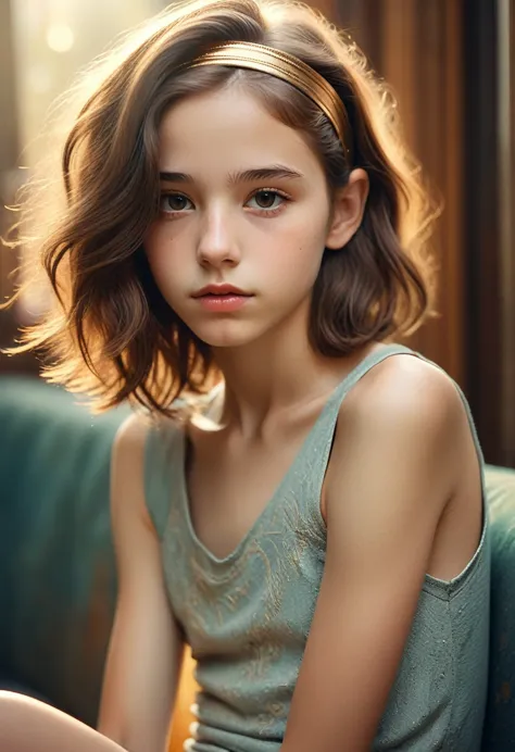 (Cinematic photo:1.3) From (Thigh-length photos:1.3),(skinny:1.3) Beautiful 12 year old girl, (complex brown hair), Highly detai...