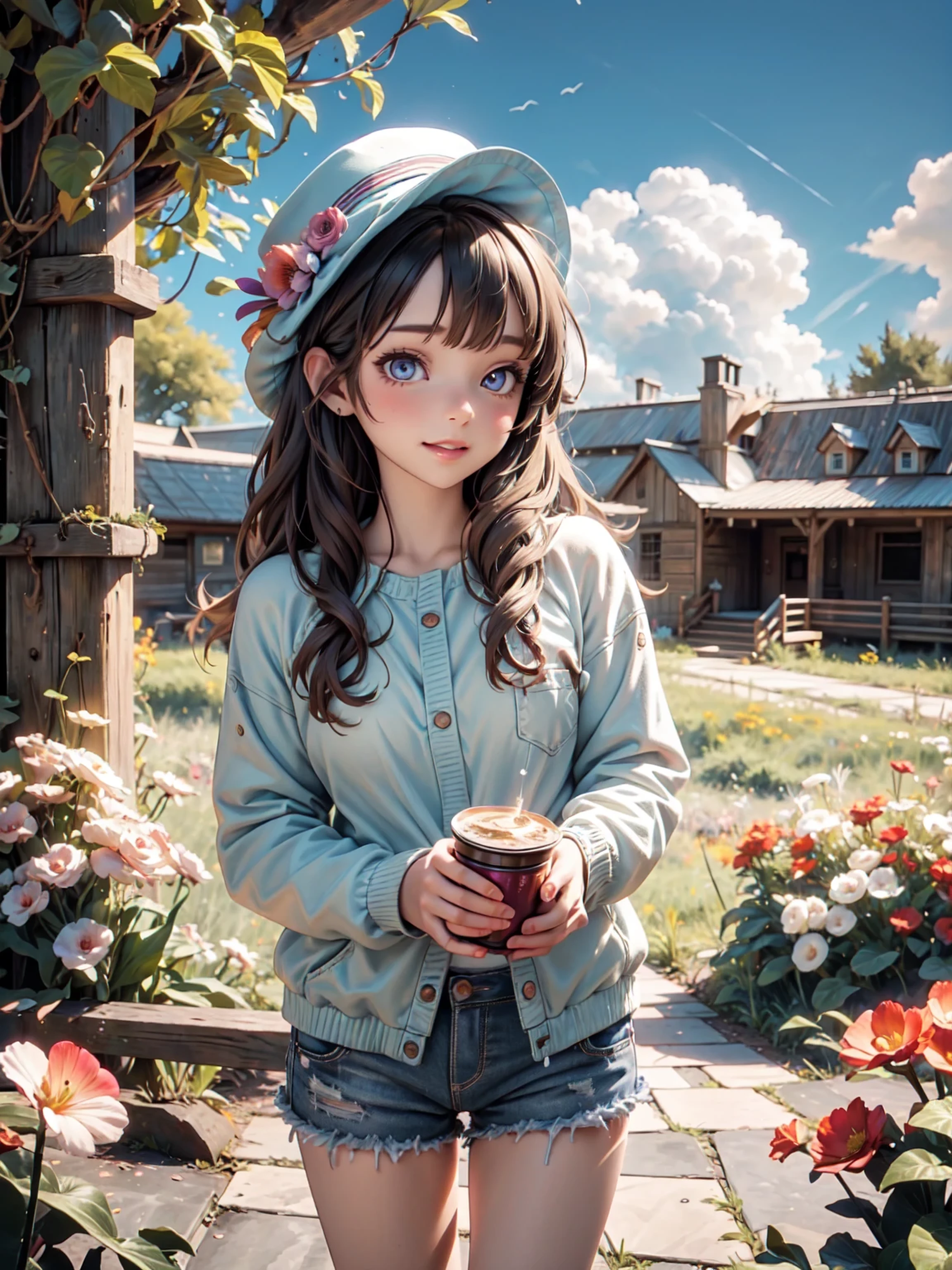 a young female agricultural student in a pastoral farm, beautiful detailed eyes, beautiful detailed lips, extremely detailed eyes and face, long eyelashes, smiling face, outdoor natural light, idyllic countryside landscape, golden wheat field, wooden barn, blue sky with clouds, (best quality,4k,8k,highres,masterpiece:1.2),ultra-detailed,(realistic,photorealistic,photo-realistic:1.37),vibrant colors,cinematic lighting,detailed texture,plein air painting,atmospheric