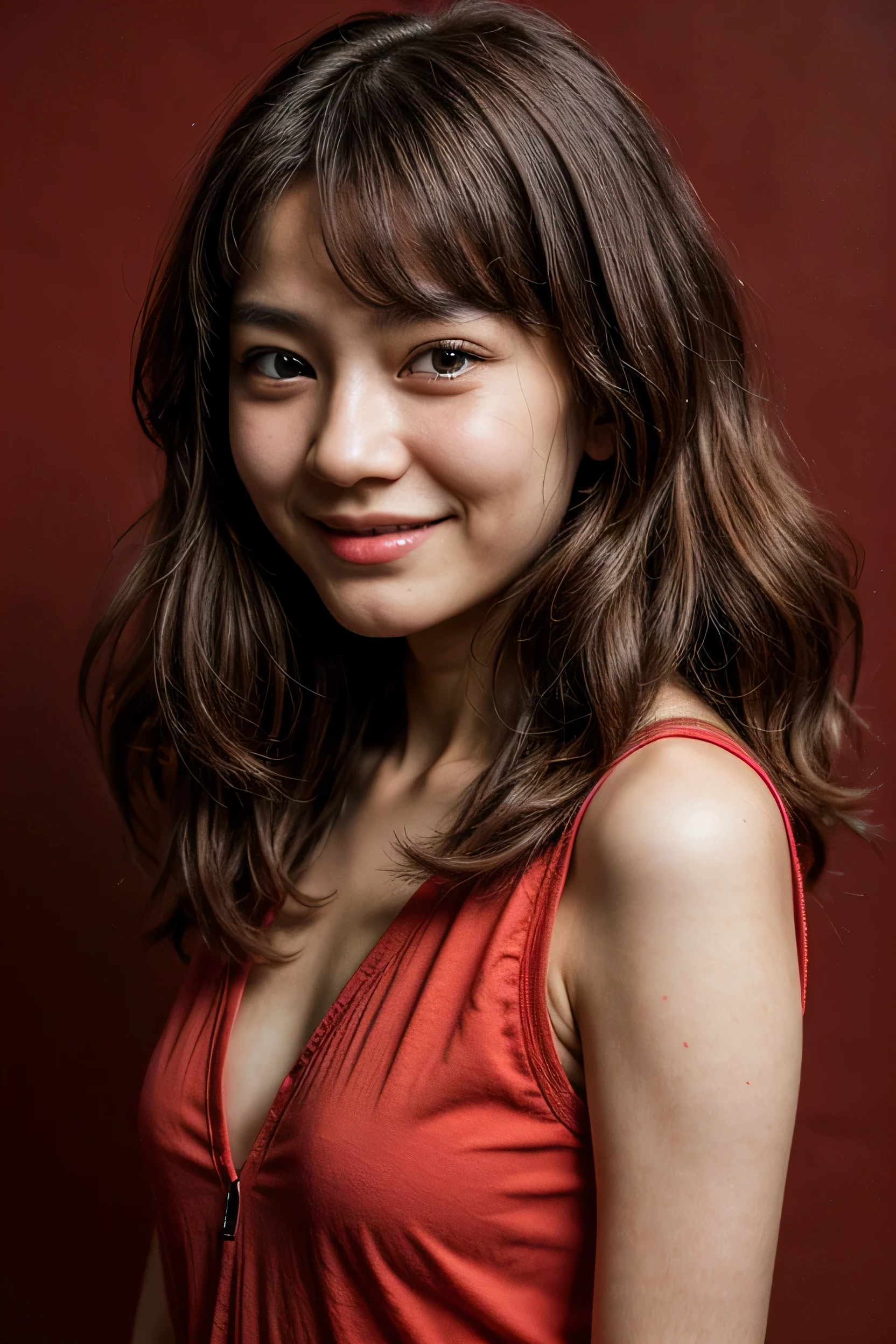 лицо идеальное, красивое лицо 14-летней японки , Улыбающаяся красивая,на красном фоне 