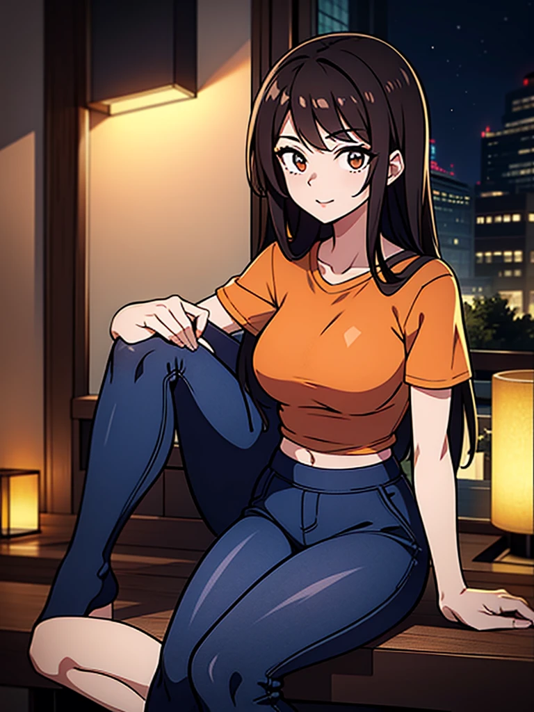 （（midynight， Acura， 8K， tmasterpiece： 1.3））， full bodyesbian， long leges， Focalors： 1.2， perfect figure beautiful woman： 1.4， Slim abs： 1.1， （dark brown  hair，： 1.2 ））， （Orange skinny T-shirt，   skirt，sitting on a stool： 1.2）， （city night scene， the roof： 1.3））， Highly Detailed Face and Skin Textur， detailedeyes， double eyelid，