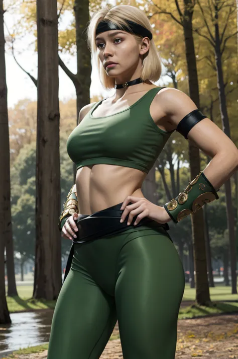 sonyamk1, blonde hair, brown eyes, headband, green crop top, green tights, black bracers, black belt, looking at the viewer, ser...