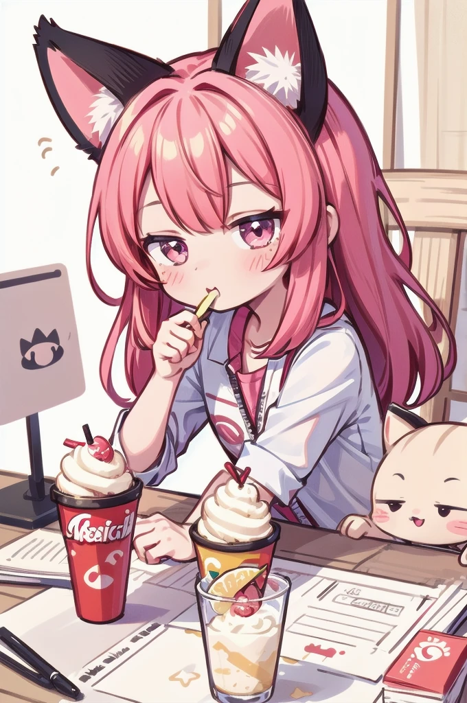(maximum image quality and detail, accurate drawing, masutepiece), small girl, chibi, cat ears, with a bright and happy look, eating ice cream with relish