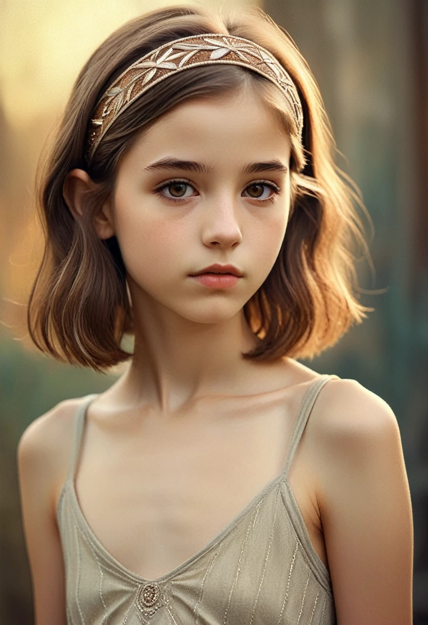 (Cinematic photo:1.3) From (Thigh-length photos:1.3),(skinny:1.3) Beautiful 12 year old girl, (complex brown hair), Highly detailed texture кожи, realistic texture кожи, looks straight into the camera, (looks at the viewer) ), pout, , Shine, Dramatic, Dreamy,, elegant, strange, gentle, Highly detailed, difficult, UHD Digital Photography, , skinny shoulders, Photo to the knees , beautiful young girl, big, Beautiful body, highly detailed full-length shot, Dreamy, , strange, gentle, detailed hair band, Highly detailed texture, realistic texture, digital painting, highly detailed photo, (art deco: 1 .хFromоралFromм:1.3),(Classic realotm:1.3),(Fujifilm Superia:1.3),, golden hour light,