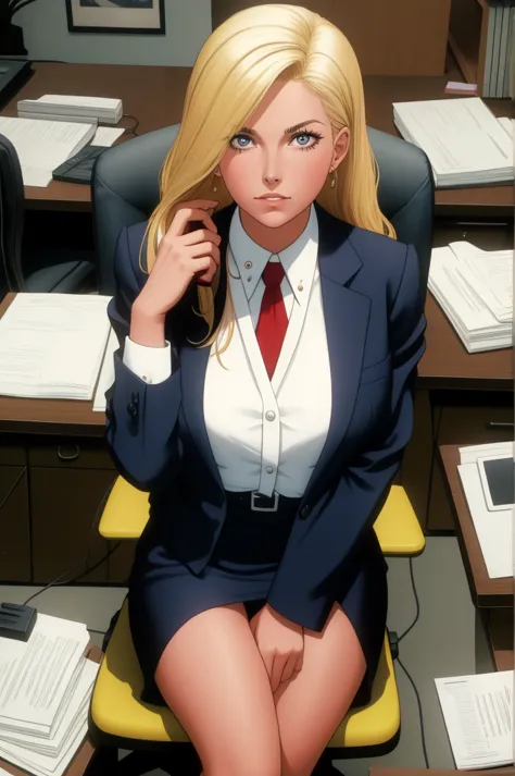 blond woman sitting at desk talking on telephone with computer monitor, 1 9 8 0 s business fashion, business woman, 1 9 8 0 s wo...