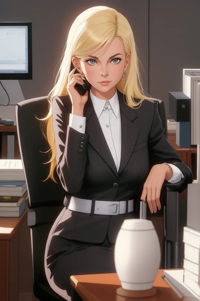 blond woman sitting at desk talking on telephone with computer monitor, 1 9 8 0 s business fashion, business woman, 1 9 8 0 s woman, woman in business suit, young business woman, denis velleneuve, female in office dress, sat at her desk, female lawyer, wearing a strict business suit, serious business, working hard, portrait of kim wexler
