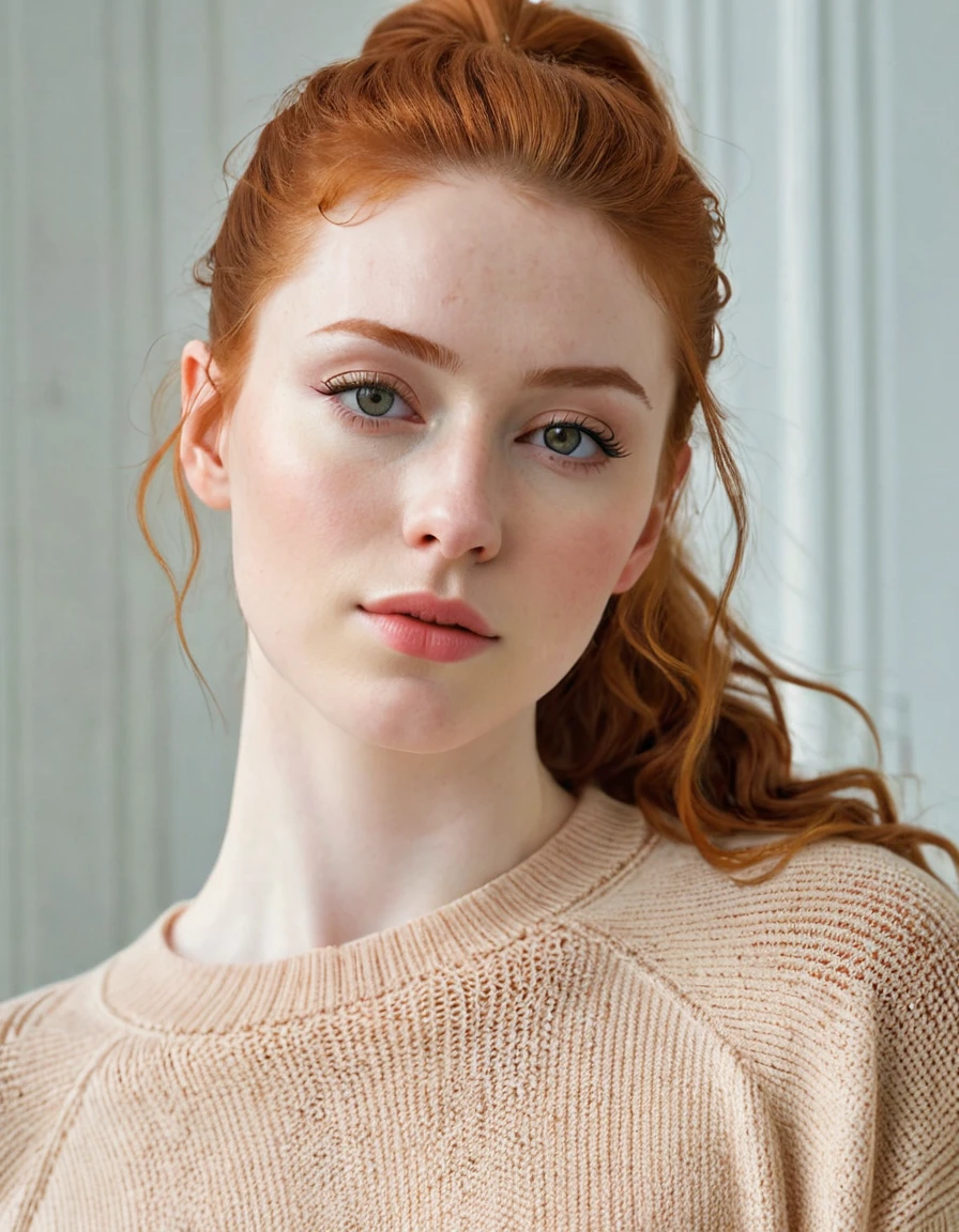 Photography full body, of a very beautiful realistic girl, hole body, at the piano, wear a sweater, porcelain skin, very light skin, very pale skin, redhead, wavy, pony tail, Detail of skin structure, hazel eyes, Slit eyes, small-nose, small nostril, think of arched eyebrows, thick lower lip, seductive glance, happy face, unique face, foto realista, Masterpiece Image, sharp image, clear daylight

