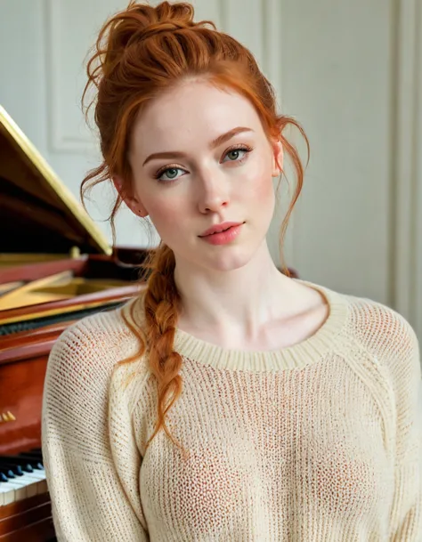 Photography full body, of a very beautiful realistic girl, hole body, at the piano, wear a sweater, porcelain skin, very light s...