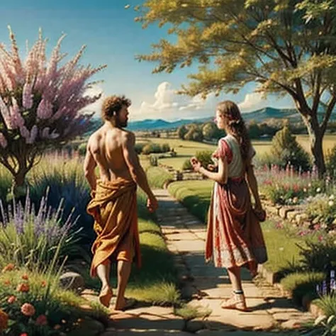 Images of Adam and Eve in the Garden of Eden with animals and beautiful landscape 
