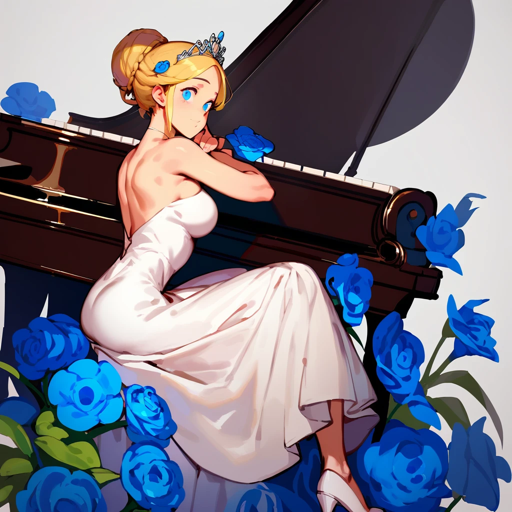 (score_9,score_8_up,score_7_up,) woman in fancy dress leaning over an upright grand piano at dusk with flowers around, 1girl, dress, solo, instrument, flower, high heels, sitting, tiara, white dress, blue eyes, blue flower, blonde hair, hair bun, Expressiveh, negative_hand, [[gwentstyle]], moon
