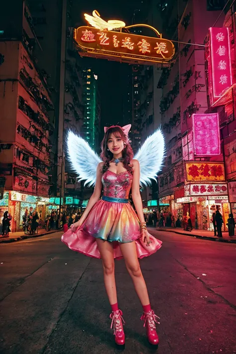 hong kong, day, (awkward,blush :1.3),alafi girls take photos in colorful clothes, y 2 k cutecore crowncore, lovely decora rainbo...