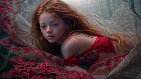 (Mackenzie Foy ginger hair teen girl,13 years old with, hand, fingers in vagina:1.3),  (naked, nude:1.8), (sexy red lace lingeri...