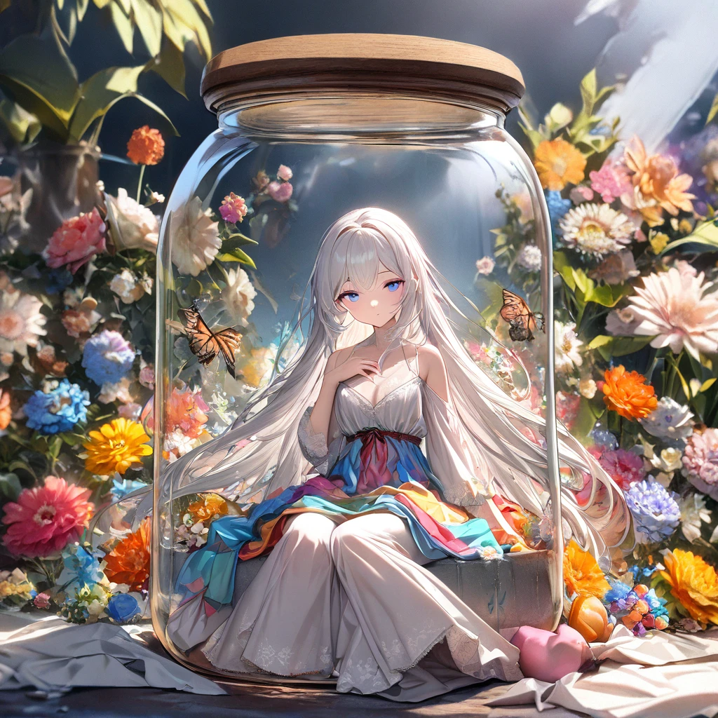 (Masterpiece), (Best Quality), Illustration, Super Detailed, HDR, Depth of Field, (Colorful), ,(Flowers Background:1.45),(Transparent Background:1.3)(an extremely delicate and beautiful girl inside of glass jar :1.2), (glass jar:1.35), (lone:1.2), (whole body), (beautiful and delicate eyes, beautiful and delicate face:1.3), (sitting), (very long silky hair, white hair: 1.15), (ease_chest, tally and thin: 1.2), (colorful clothes: 1.3), (exceptionally fine lace: 0.3), (exceptionally fine decoration: 0.3), (headband, orange hair_decoration: 1.25), orange jar, water surface, whole body, (bottle filled with orange water, bottle filled with Fanta: 1.25), (many fruit in a jar, many pieces_fruit in a jar: 1.25), (lots of bubbles: 1.25),