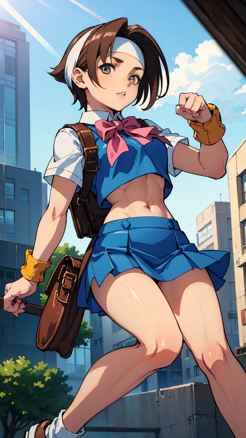 whole body, Straight body,  1 Girl, Highest quality, Best Shadow, angle, Brown pupil, A gentle breeze blows, (Anime Style), ((reflected light)), ((Highest quality)), 1080P, fine small breasts, Realistic texture, head band, Blue Top, Blue Blouse, (Pleated super short skirt:1.3), (mini skirt:1.3), Leather Handbags, socks, White sneakers, White shirt, Pink neckerchief, Panty Focus,  (((Highlight the blue vest))), ((Short brown hair with highlights)),  From below, Skirt fluttering in the wind, High Kick, Panty shot: 1.2, Crop top overhang, Perfect white panties, Bright Eyes, Precision teeth with gaps, (Beautiful and delicate eyes: 1.2), Accurate anime girl face, No floor, Lack of ground, Accurate anatomical hand, Brown square backpack,  head band, White sweatband,White panties dig in