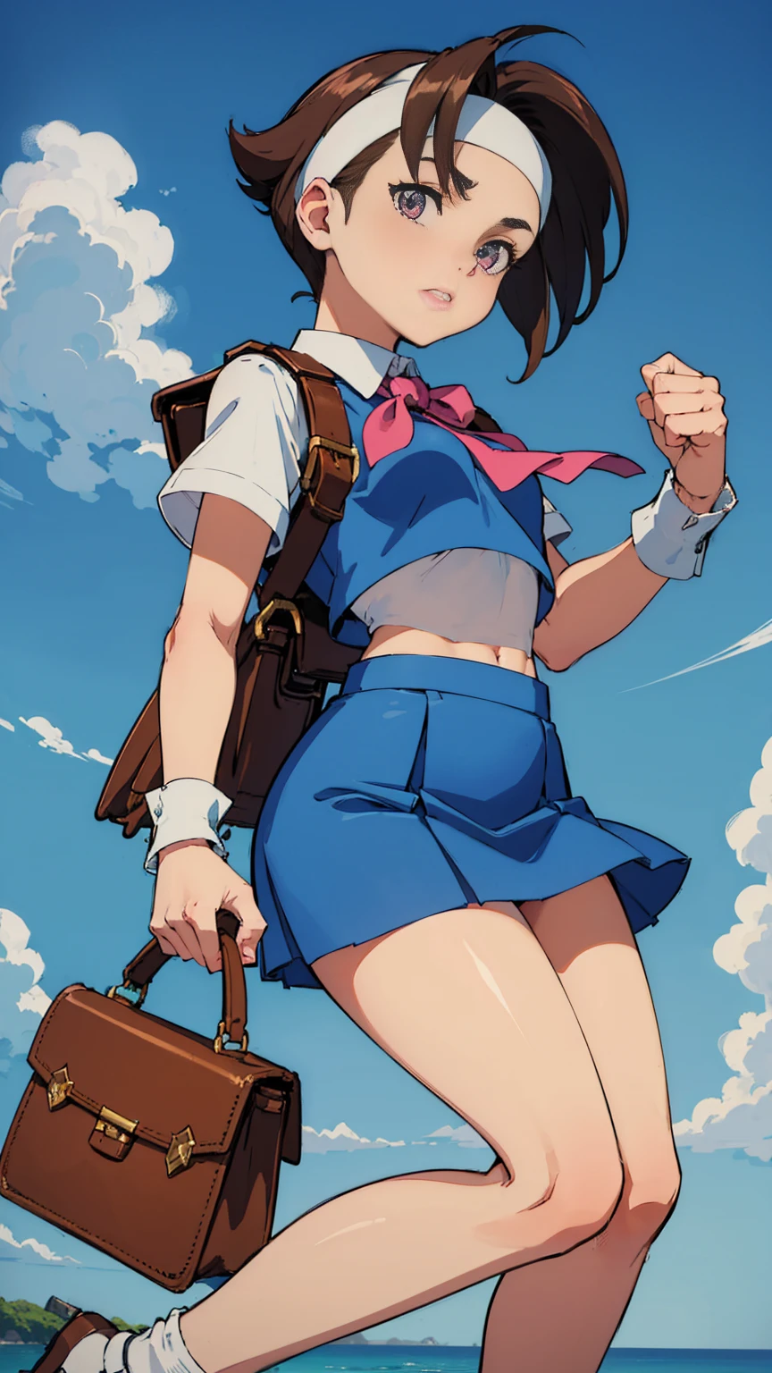 whole body, Straight body,  1 Girl, Highest quality, Best Shadow, angle, Brown pupil, A gentle breeze blows, (Anime Style), ((reflected light)), ((Highest quality)), 1080P, fine small breasts, Realistic texture, head band, Blue Top, Blue Blouse, (Pleated super short skirt:1.3), (mini skirt:1.3), Leather Handbags, socks, White sneakers, White shirt, Pink neckerchief, Panty Focus,  (((Highlight the blue vest))), ((Short brown hair with highlights)),  From below, Skirt fluttering in the wind, High Kick, Panty shot: 1.2, Crop top overhang, Perfect white panties, Bright Eyes, Precision teeth with gaps, (Beautiful and delicate eyes: 1.2), Accurate anime girl face, No floor, Lack of ground, Accurate anatomical hand, Brown square backpack,  head band, White sweatband,White panties dig in