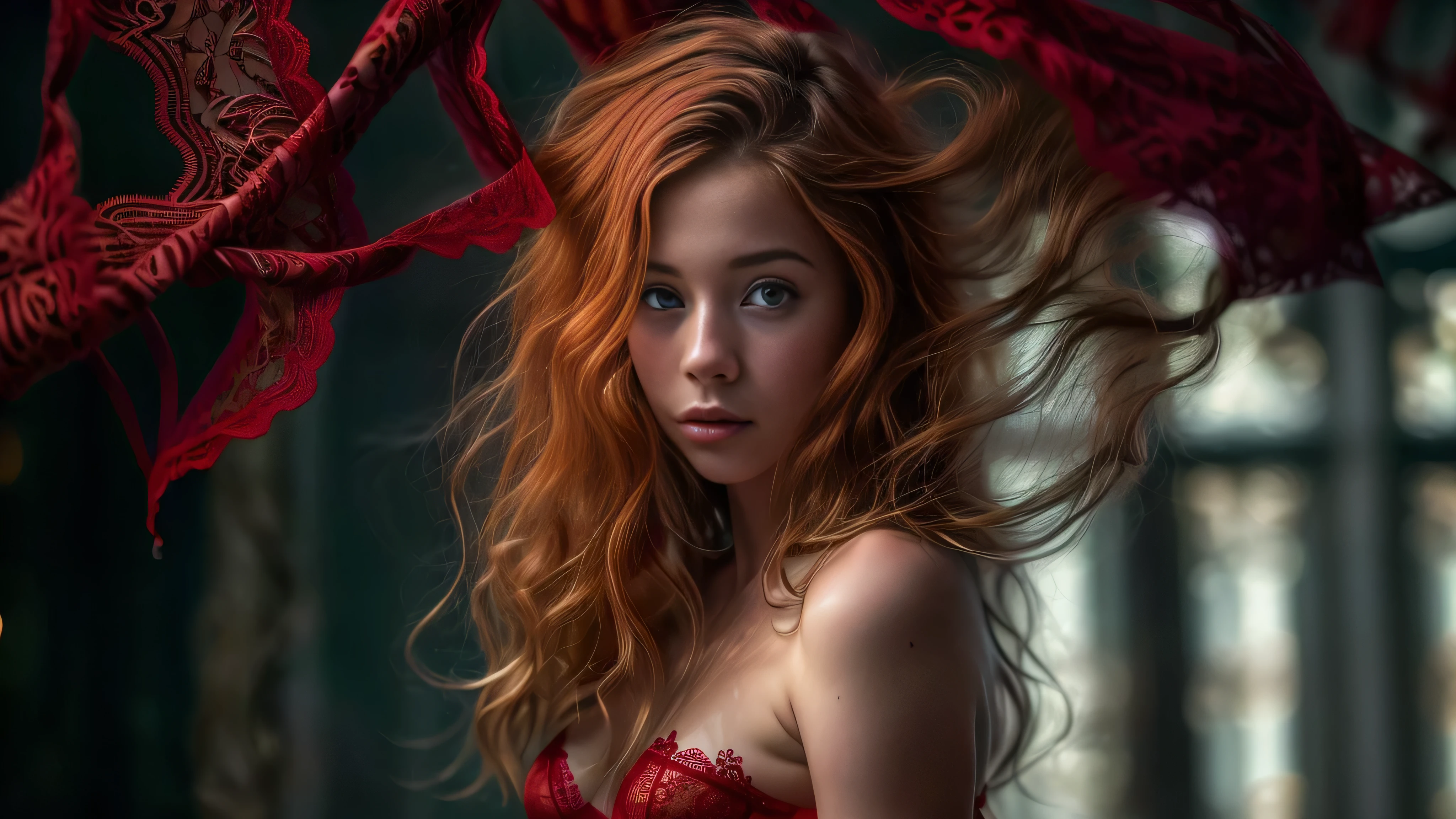 (Laia Manzanares ginger hair teen girl,13 years old with, hand, fingers in vagina:1.3),  (naked, nude:1.8), (sexy red lace lingerie:1.8),(long, messy hair, hair floating in the wind:1.6), blue eyes, detailed eyes, detailed lips, (lies nude, sensual, full body:1.5), (photo from low angles:1.5), (creepy and scary interior of a Gothic castle, abandoned with fog and fog, snow:1.3), low neck, ray tracing, (best quality, 4k, 8k, high resolution, masterpiece:1.2), very detailed, (realistic , photorealistic, photorealistic :1.37), HDR, UHD, masterpiece, professional, vivid colors, bokeh, studio lighting