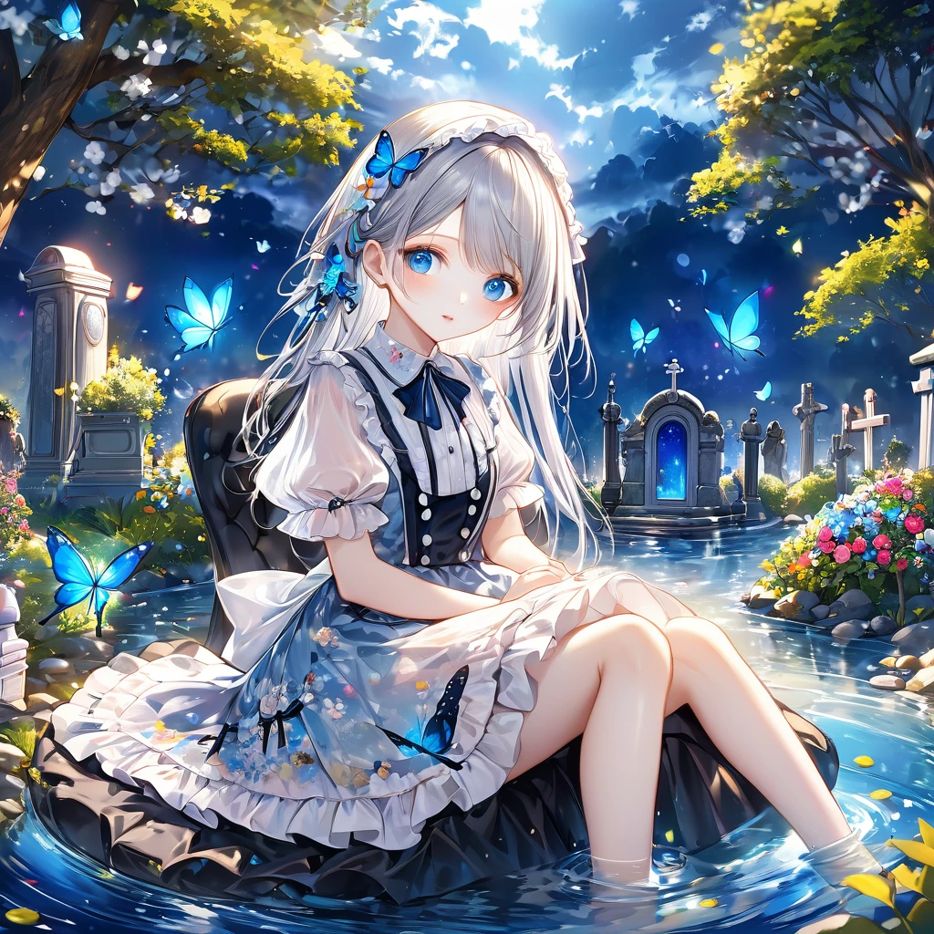 (masterpiece), (best quality), illustration, Extremely detailed, Human Development Report, Depth of Field, (rich and colorful), ,,This is a masterpiece that exudes exceptional quality. The illustration is ultra-detailed, Using HDR technology to create a sense of depth. The theme is original, Beautifully, 和Beautifully艺术品, Vivid colors，Full of fantasy elements. Girl sitting on the seashore, surrounded by running water, The background is a dark blue world tree, Located in the cemetery. The tranquil and dreamy atmosphere gives the whole scene a soulful and charming temperament. Her pale complexion, Blue eyes sparkling, And silver hair dotted with flowers，Create charming portraits. She is wearing Lolita style clothes, Poker face，Mouth tightly shut. Background ranges from white, transparent, Cycle Options, There are also translucent blue butterflies flying around，Adds vitality to the work.