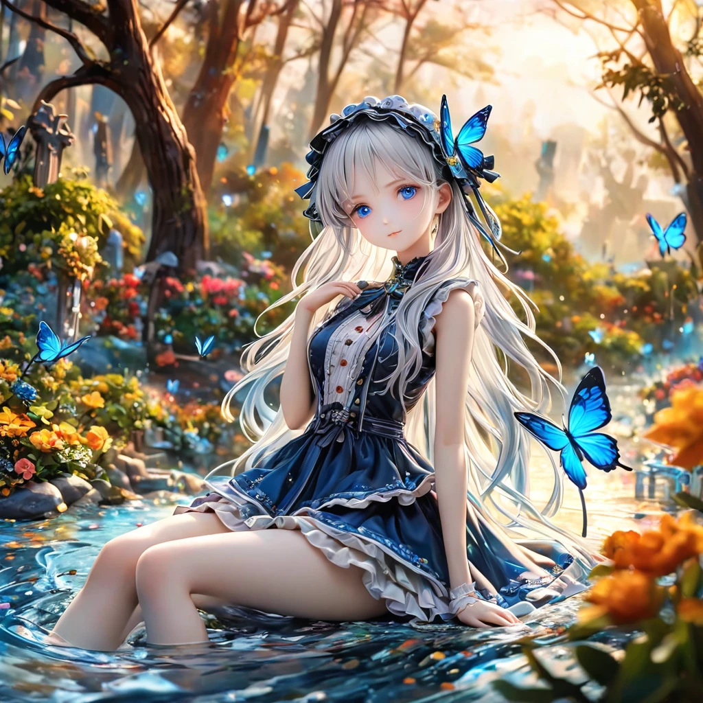 (masterpiece), (best quality), illustration, Extremely detailed, Human Development Report, Depth of Field, (rich and colorful), ,,This is a masterpiece that exudes exceptional quality. The illustration is ultra-detailed, Using HDR technology to create a sense of depth. The theme is original, Beautifully, 和Beautifully艺术品, Vivid colors，Full of fantasy elements. Girl sitting on the seashore, surrounded by running water, The background is a dark blue world tree, Located in the cemetery. The tranquil and dreamy atmosphere gives the whole scene a soulful and charming temperament. Her pale complexion, Blue eyes sparkling, And silver hair dotted with flowers，Create charming portraits. She is wearing Lolita style clothes, Poker face，Mouth tightly shut. Background ranges from white, transparent, Cycle Options, There are also translucent blue butterflies flying around，Adds vitality to the work.