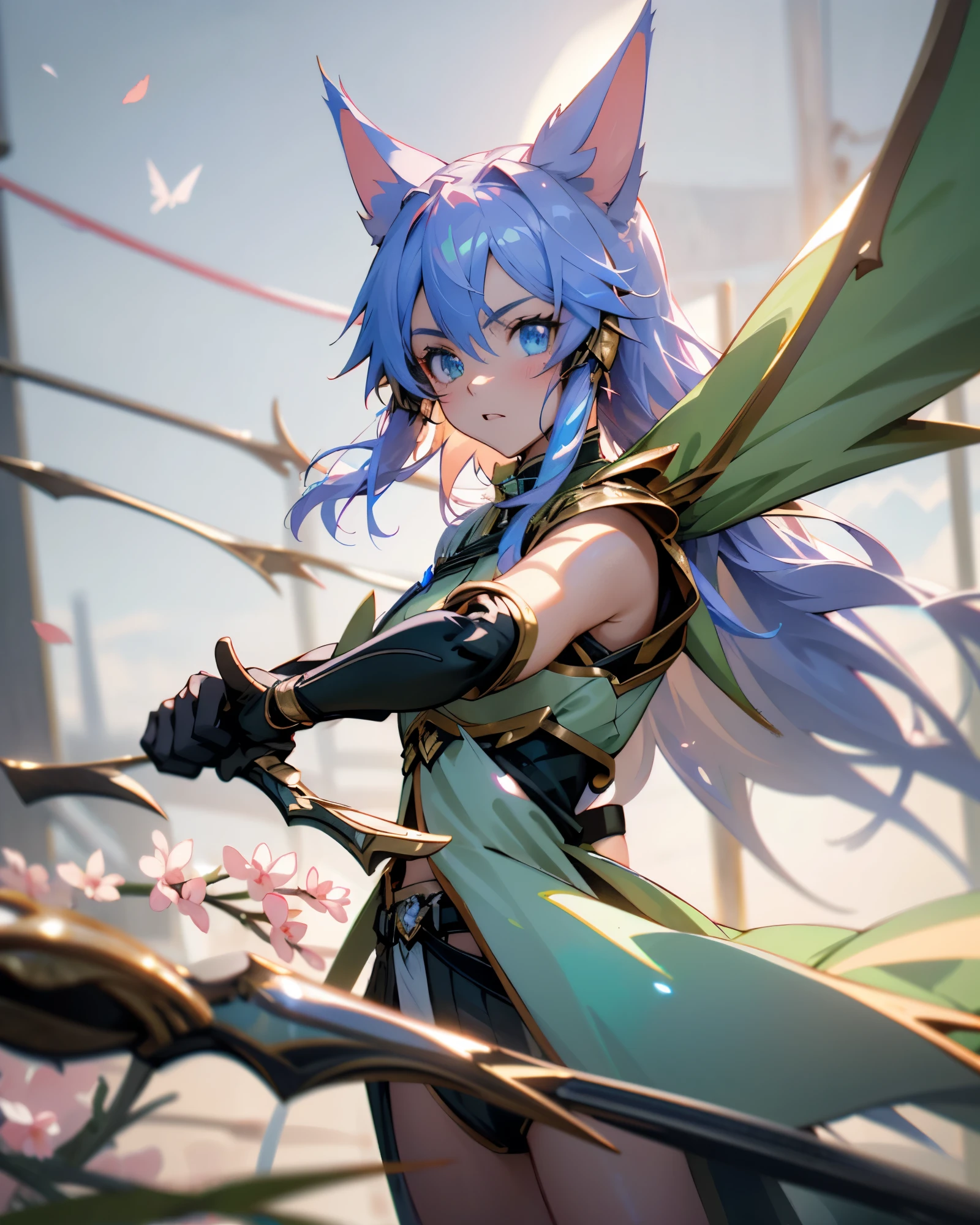 (masterpiece, best quality: 1.2), epic bow air attack scenery, 1girl, solo, anime art, (straight on view) FACE FOCUS, best quality, ultra-detailed illustration of sinon with a  epic magical arrow, beautiful detailed eyes, ((neko ears)), wearing futuristic green and black ranger outfit, very_rich_many_wavy_hair, looking at camera, close-up face,  Confident face, gorgeous, sakura trees, moonlight s, sakura flowers, flying flowers, river, night clouds, starry sky, windy, rustling leaves, anime style, mid air shoot while attacking with the bow, like if she is Aiming to an enemy with the Taut giant epic bow, Half-Length Shot