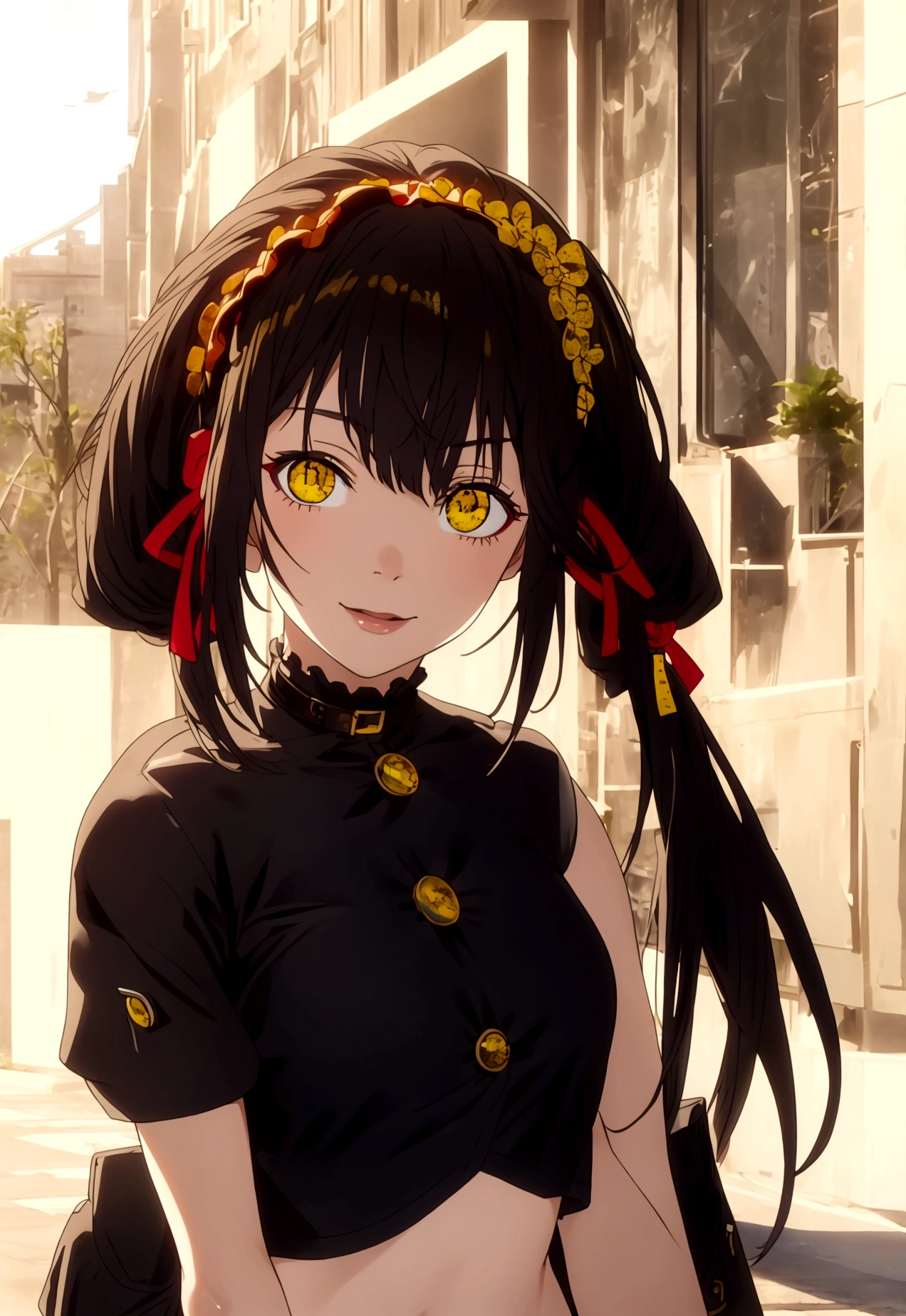 ultra-detailed,highly detailed,best quality,masterpiece,illustration,realistic, photo,photorealistic,
1girl, tokisaki kurumi,cosplay,hair over one eye, ((right red eye, left yellow eye)), looking at viewer, happy girl,low twintails,
, (crop top) , hair rings,
Outdoors, walking, (beach) 
