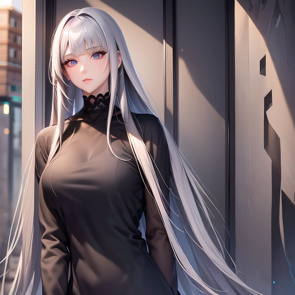 1girl,solo,intricate details,chromatic aberration,realistic,long hair,, deep gray hair, glossy hair, long straight hair|detailed hair|long hair|blunt bangs|Long bold side bang|ahoge|long straight cutted hair,)))),Slender, beautiful hair,beautiful eyes, heterochromia , red right eye, gray left eye
 hair,gray diamonds head ornament, Barely distinguishable deep gray-green undertone highlights and gray-purple undertone highlights,Thick healthy hair ,purple eyes,earrings,sharp eyes,choker,neon shirt,torn legwear,open jacket,turtleneck sweater,night,against wall,brick wall,graffiti,dim lighting,alley,looking at viewer,