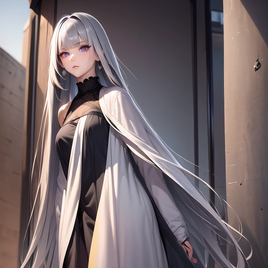 1girl,solo,intricate details,chromatic aberration,realistic,long hair,, deep gray hair, glossy hair, long straight hair|detailed hair|long hair|blunt bangs|Long bold side bang|ahoge|long straight cutted hair,)))),Slender, beautiful hair,beautiful eyes, heterochromia , red right eye, gray left eye
 hair,gray diamonds head ornament, Barely distinguishable deep gray-green undertone highlights and gray-purple undertone highlights,Thick healthy hair ,purple eyes,earrings,sharp eyes,choker,neon shirt,torn legwear,open jacket,turtleneck sweater,night,against wall,brick wall,graffiti,dim lighting,alley,looking at viewer,