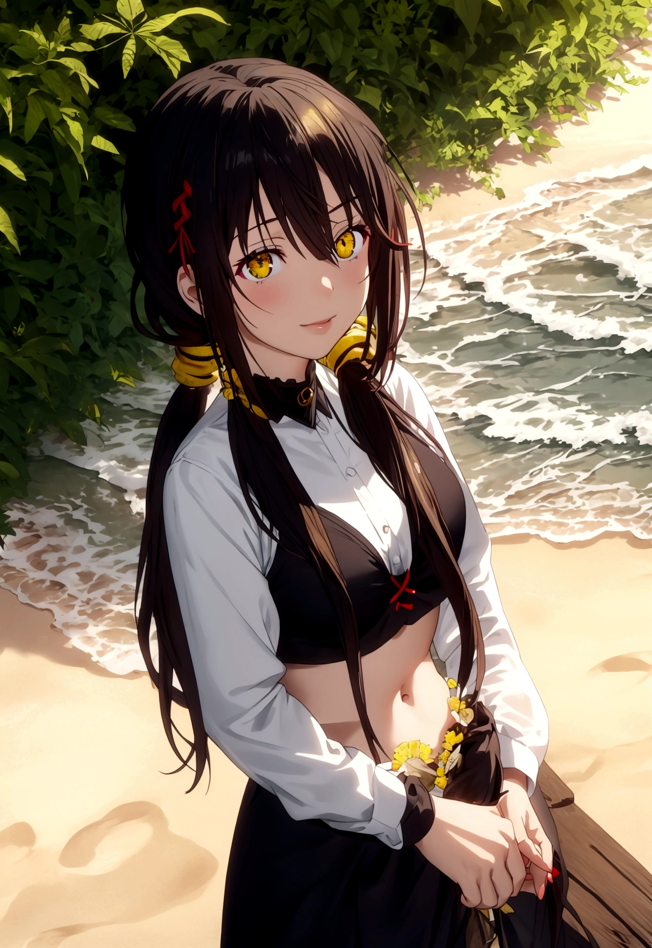 ultra-detailed,highly detailed,best quality,masterpiece,illustration,realistic, photo,photorealistic,
1girl, tokisaki kurumi,cosplay,hair over one eye, ((right red eye, left yellow eye)), looking at viewer, happy girl,low twintails,
, (croptop) , hair rings,
Outdoors, walking, (beach) 
