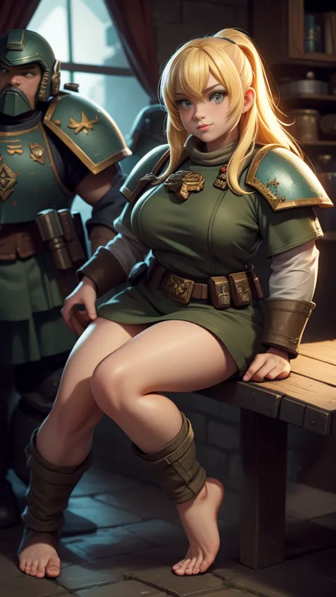 warhammer 40k imperial guardsman, female dwarf. blonde hair, ((large feet)), barefoot, hairs on feet, bare hand, hobbit, sniper