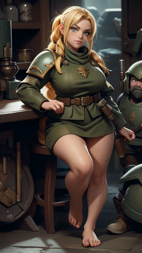 warhammer 40k imperial guardsman, female dwarf. blonde hair, ((large feet)), barefoot, hairs on feet, bare hand, hobbit, sniper