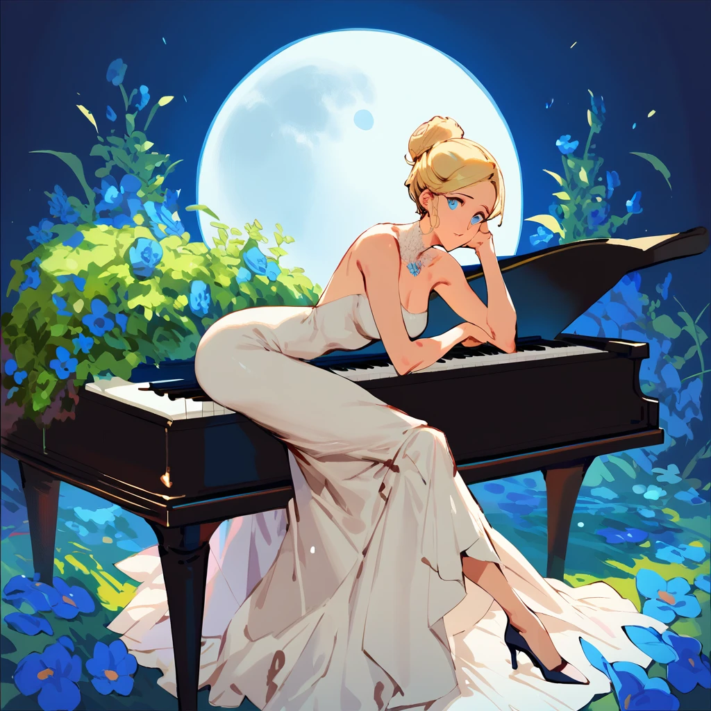 (score_9,score_8_up,score_7_up,) woman in fancy dress leaning over an upright grand piano at dusk with flowers around, 1girl, dress, solo, instrument, flower, high heels, sitting, tiara, white dress, blue eyes, blue flower, blonde hair, hair bun, Expressiveh, negative_hand, [[gwentstyle]], moon
