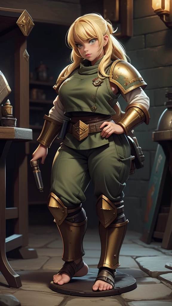 Warhammer 40k guarda imperial, anã feminina. cabelo loiro, ((pés grandes)), pés descalços, pelos nos pés, mão nua, hobbit, calça, armaduras