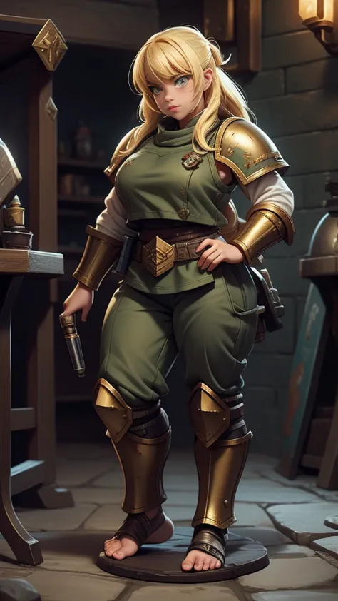 warhammer 40k imperial guardsman, female dwarf. blonde hair, ((large feet)), barefoot, hairs on feet, bare hand, hobbit, pants, ...