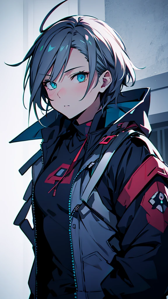 (masutepiece:1.2, Best Quality),  [1 girl in, expressioness, Turquoise eyes, Slate-gray hair, half short cut hair,White Jacket,jacket comes off, ,Upper body]