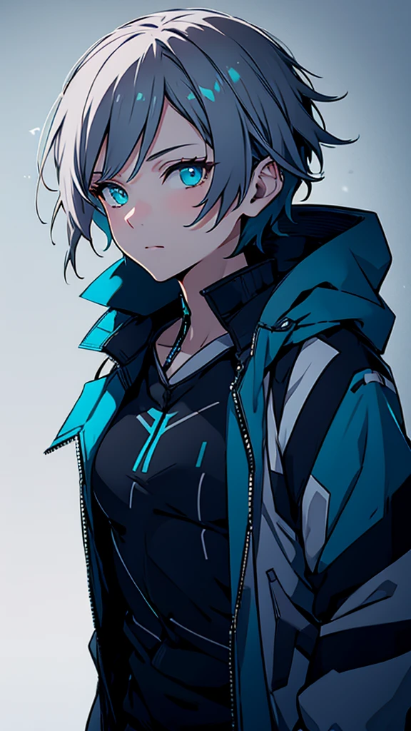 (masutepiece:1.2, Best Quality),  [1 girl in, expressioness, Turquoise eyes, Slate-gray hair, half short cut hair,White Jacket,jacket comes off, ,Upper body]