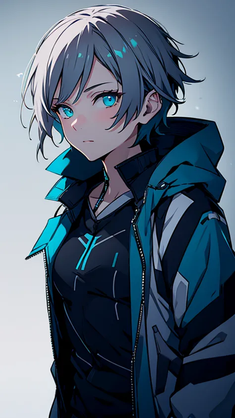 (masutepiece:1.2, Best Quality),  [1 girl in, expressioness, Turquoise eyes, Slate-gray hair, half short cut hair,White Jacket,j...