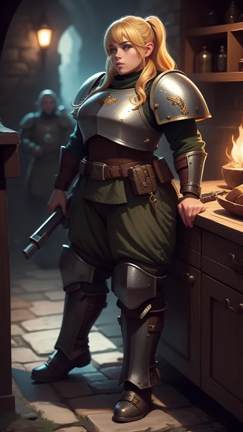 warhammer 40k imperial guardsman, female dwarf. blonde hair, ((large feet)), barefoot, hairs on feet, bare hand, hobbit, pants, ...