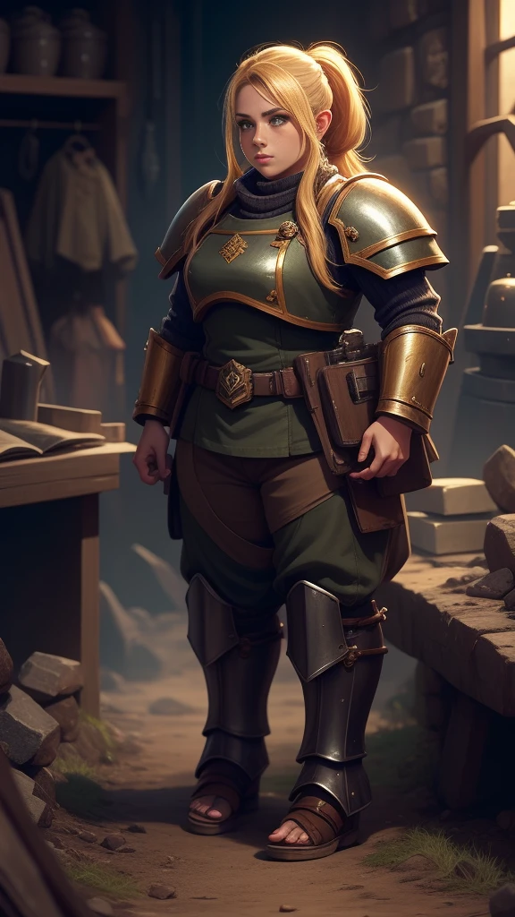 Warhammer 40K Garde Impérial, naine femelle. cheveux blond, ((grands pieds)), pieds nus, poils sur les pieds, main nue, hobbit, pantalon, Armure de poitrine