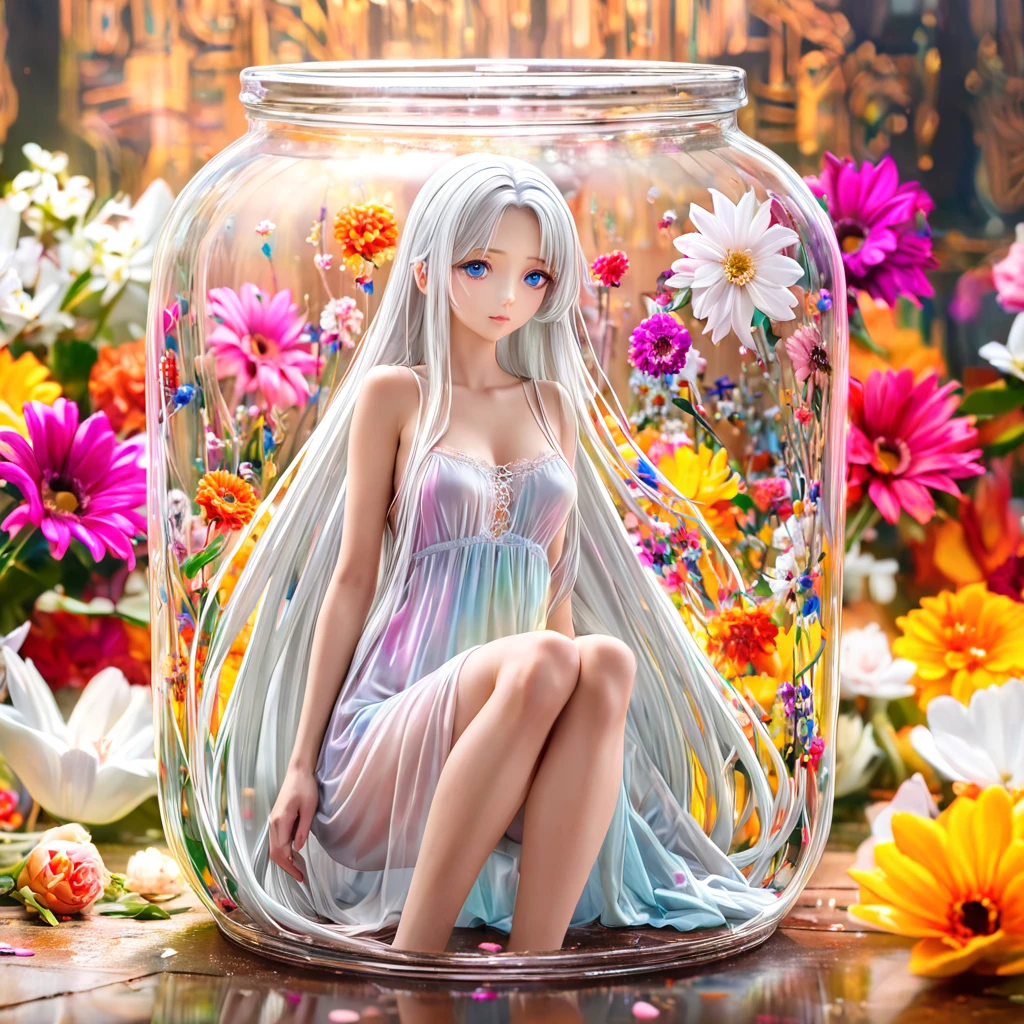 (Masterpiece), (Best Quality), Illustration, Super Detailed, HDR, Depth of Field, (Colorful), ,(Flowers Background:1.45),(Transparent Background:1.3)(an extremely delicate and beautiful girl inside of glass jar :1.2), (glass jar:1.35), (lone:1.2), (whole body), (beautiful and delicate eyes, beautiful and delicate face:1.3), (sitting), (very long silky hair, white hair: 1.15), (ease_chest, tally and thin: 1.2), (colorful clothes: 1.3), (exceptionally fine lace: 0.3), (exceptionally fine decoration: 0.3), (headband, orange hair_decoration: 1.25), orange jar, water surface, whole body, (bottle filled with orange water, bottle filled with Fanta: 1.25), (many fruit in a jar, many pieces_fruit in a jar: 1.25), (lots of bubbles: 1.25),