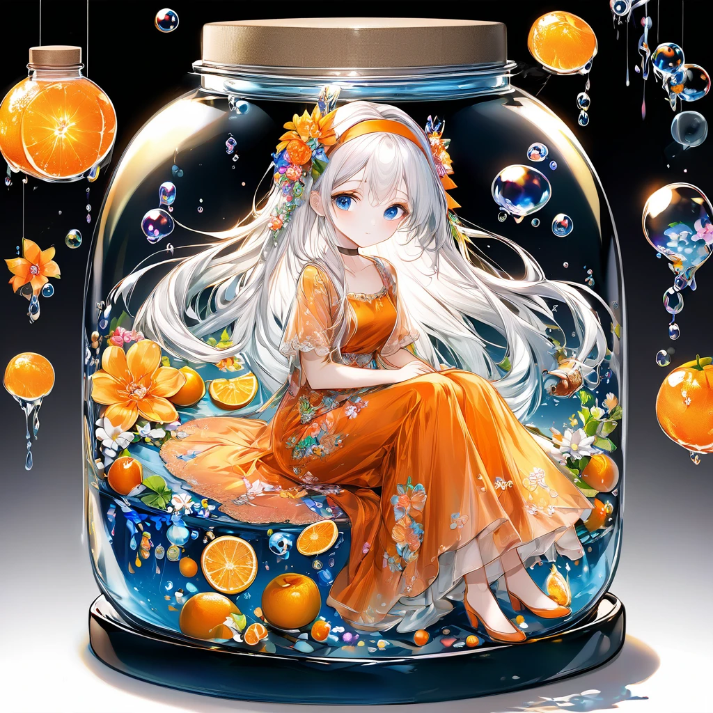 (Masterpiece), (Best Quality), Illustration, Super Detailed, HDR, Depth of Field, (Colorful), ,(Flowers Background:1.45),(Transparent Background:1.3)(an extremely delicate and beautiful girl inside of glass jar :1.2), (glass jar:1.35), (lone:1.2), (whole body), (beautiful and delicate eyes, beautiful and delicate face:1.3), (sitting), (very long silky hair, white hair: 1.15), (ease_chest, tally and thin: 1.2), (colorful clothes: 1.3), (exceptionally fine lace: 0.3), (exceptionally fine decoration: 0.3), (headband, orange hair_decoration: 1.25), orange jar, water surface, whole body, (bottle filled with orange water, bottle filled with Fanta: 1.25), (many fruit in a jar, many pieces_fruit in a jar: 1.25), (lots of bubbles: 1.25),