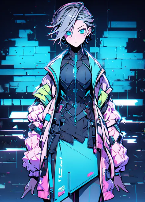 (masutepiece:1.2, Best Quality),  [1 girl in, expressioness, Turquoise eyes, Slate-gray hair, half short cut hair,White Jacket,j...