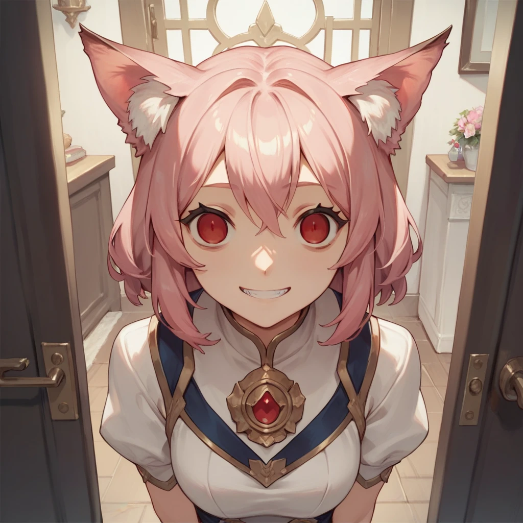 Top quality, masterpiece, animal ear girl, pink hair, red eyes, empty eyes, standing in front of the door, smile